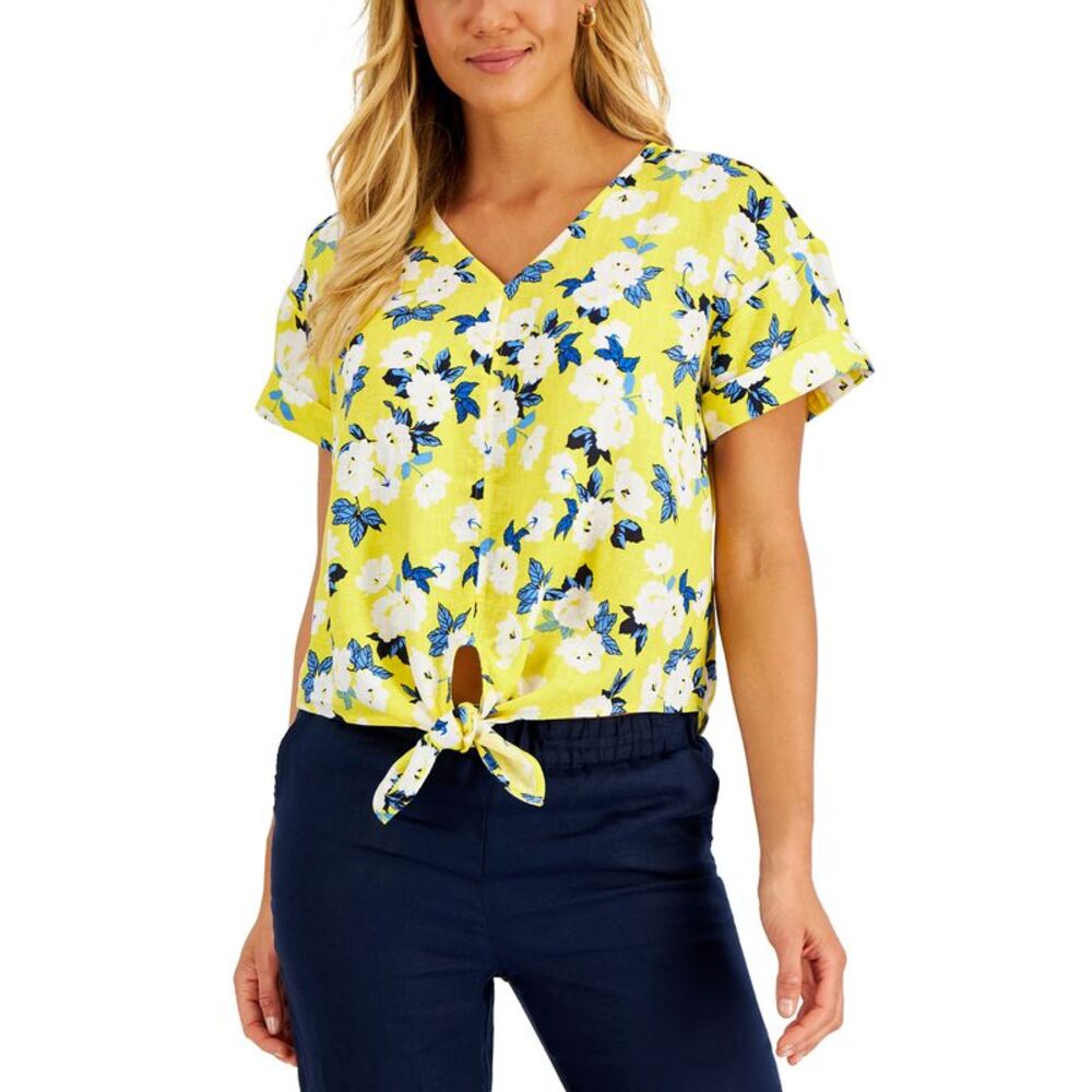 Charter Club Linen Printed Tie Front Top